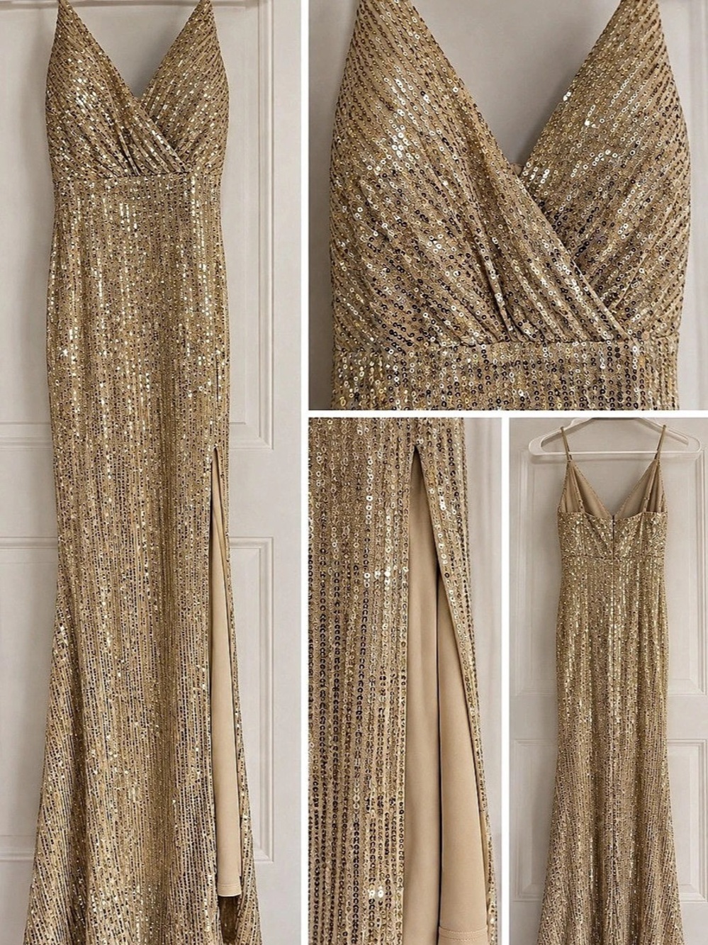 Gold Sequin Maxi Evening Dress Size Large V-Neck Formal Gown